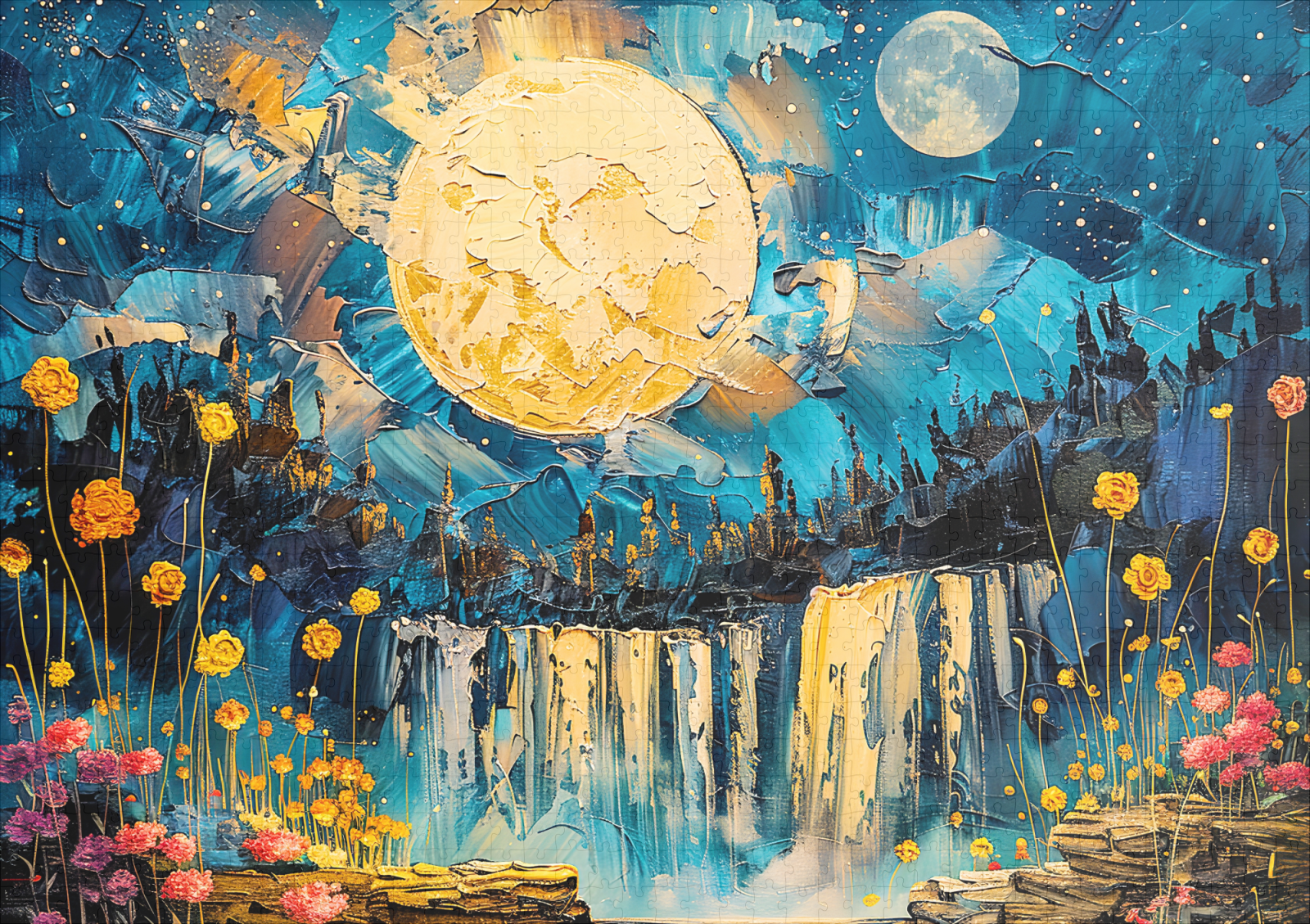 raxxa Premium-Puzzle: Abstract watercolor illustration of full moon over waterfall - immagine 2