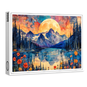 raxxa Premium-Puzzle: Abstract watercolor illustration of full moon over snowy mountains and lake