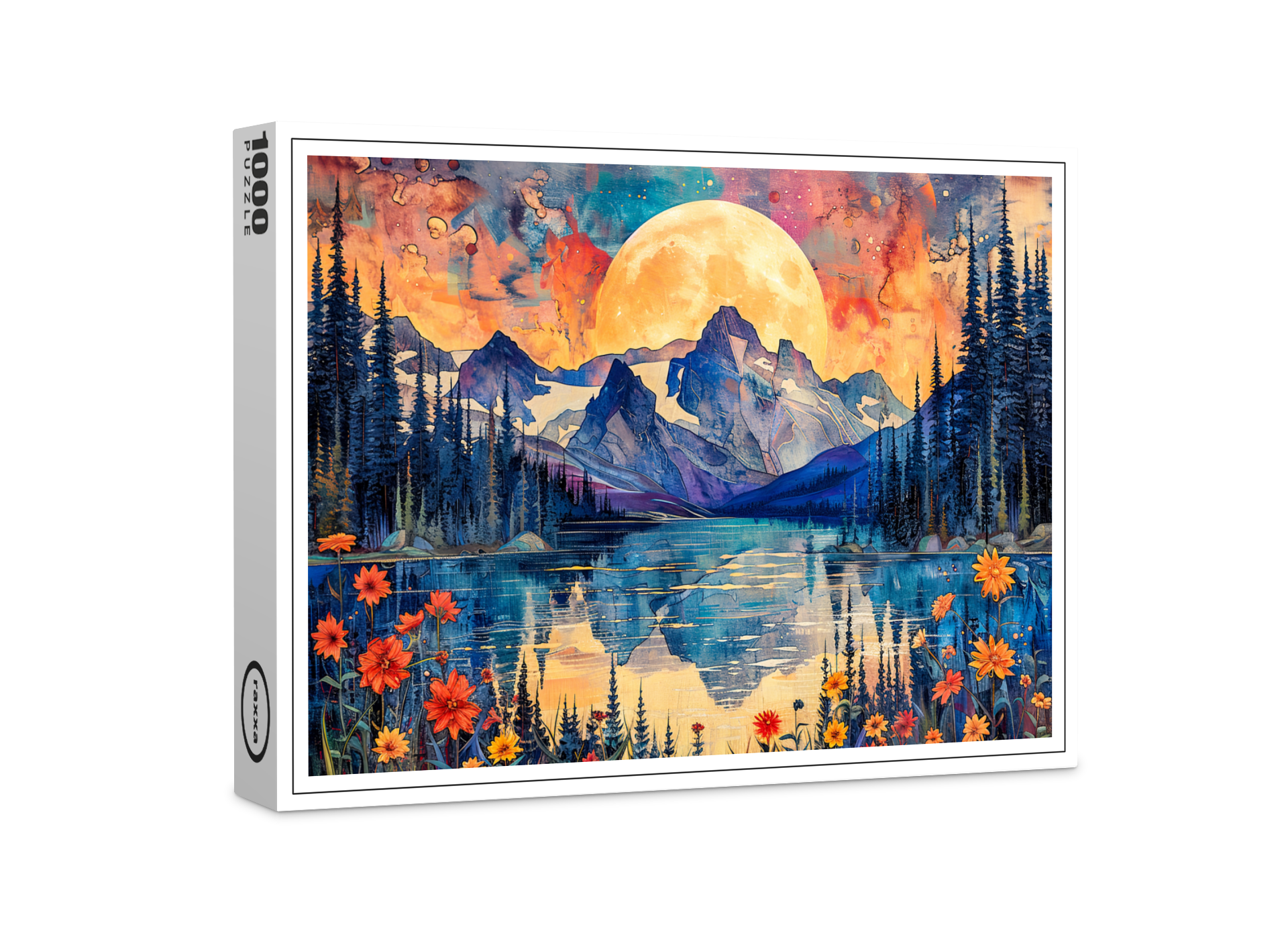 raxxa Premium-Puzzle: Abstract watercolor illustration of full moon over snowy mountains and lake