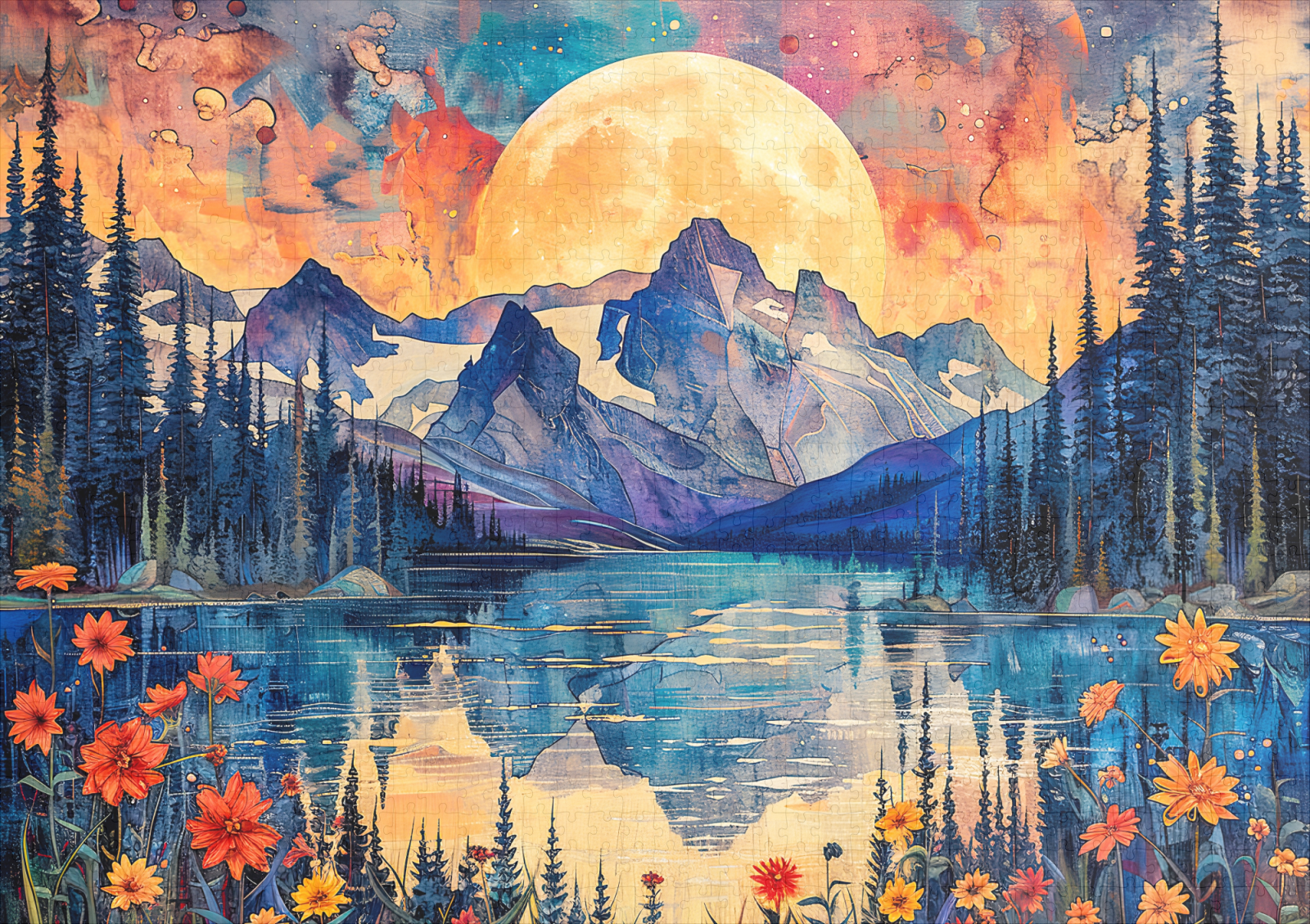 raxxa Premium-Puzzle: Abstract watercolor illustration of full moon over snowy mountains and lake – Image 2