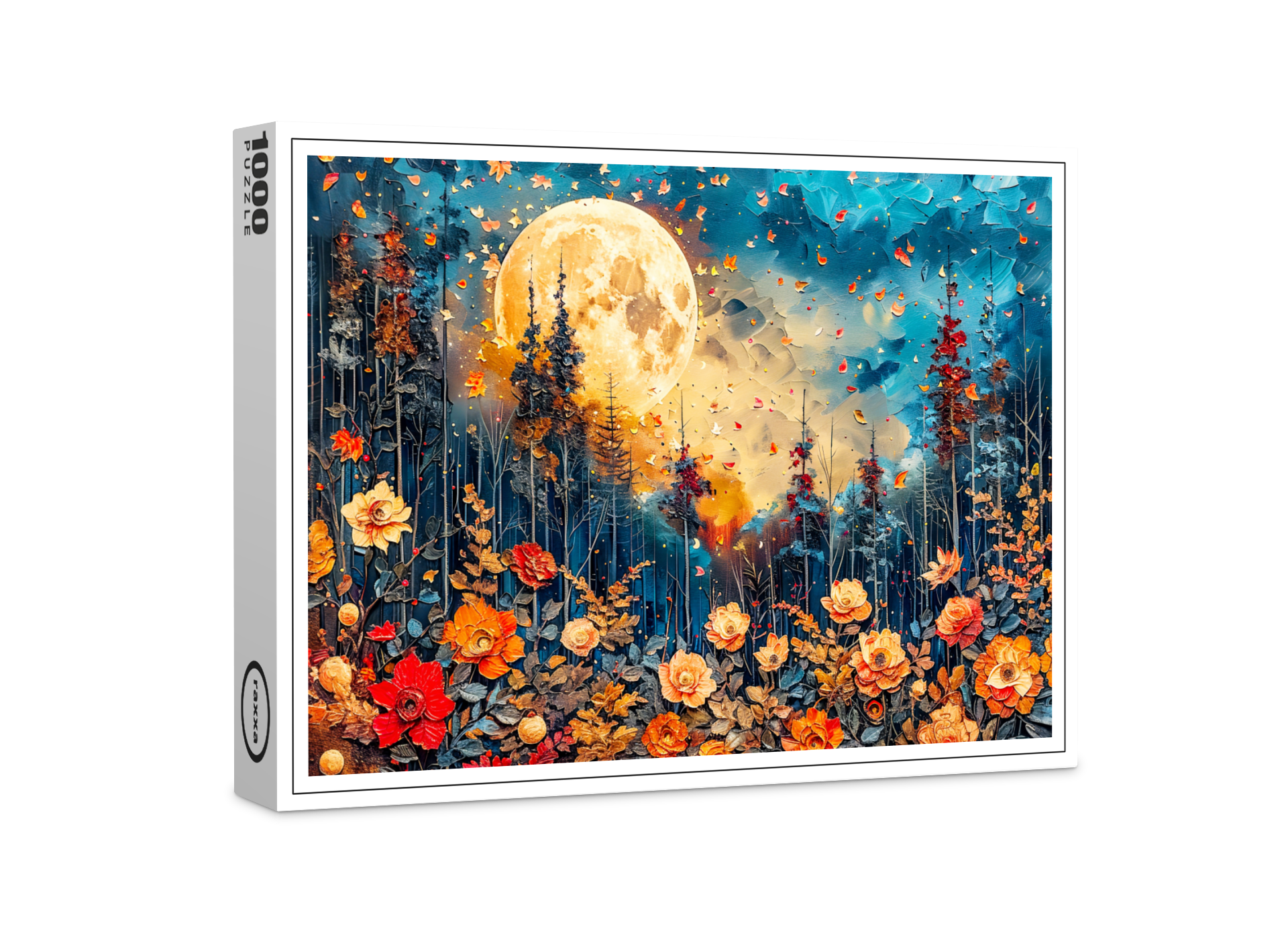 raxxa Premium-Puzzle: Abstract watercolor illustration of full moon over forest