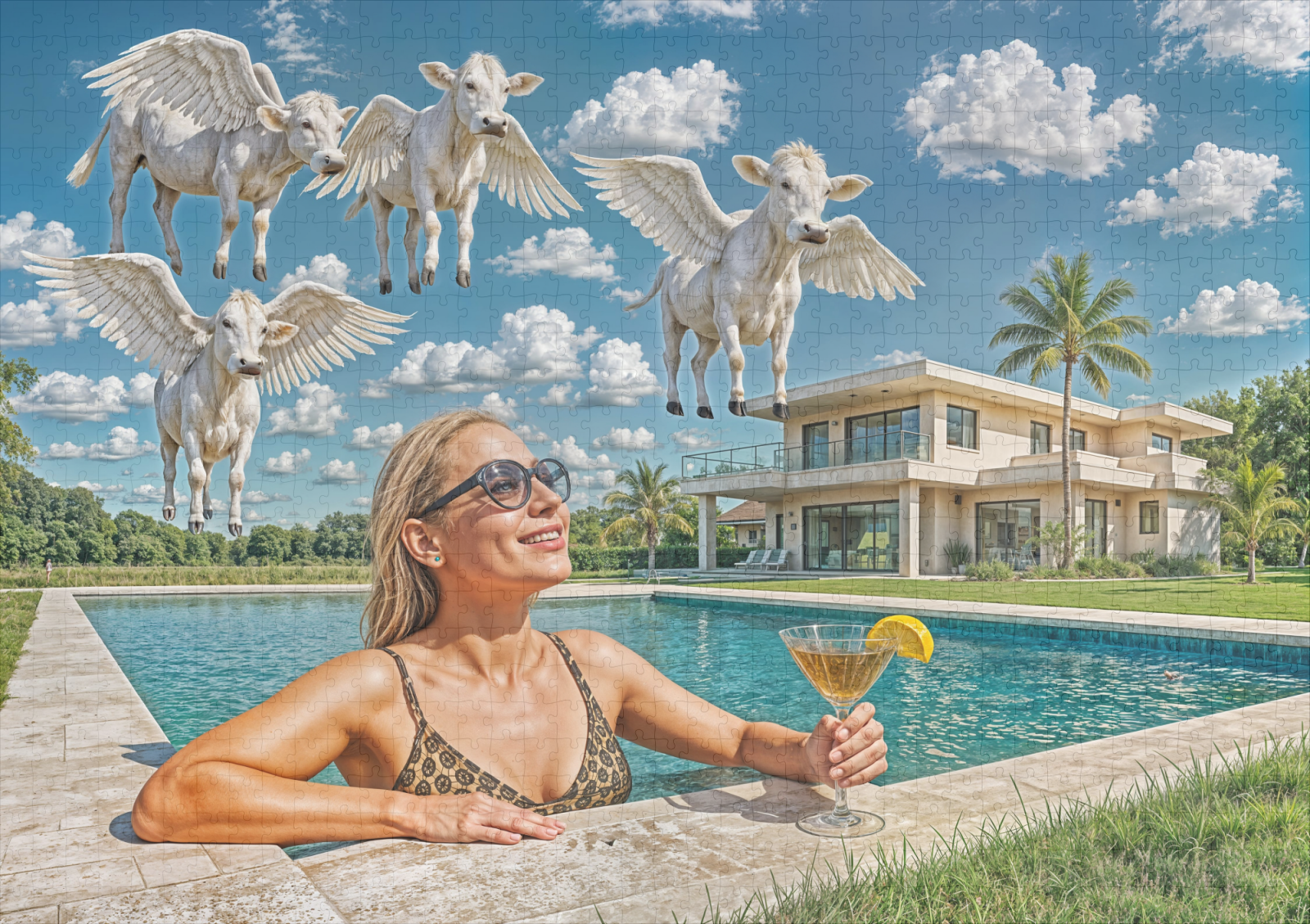 raxxa Premium-Puzzle: Rich Woman Watches Flying Cows from Pool – Bild 2
