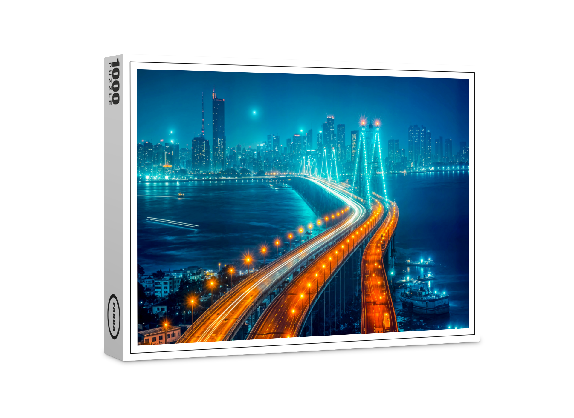 raxxa Premium-Puzzle: City at Night, Illuminated Bridge Over River