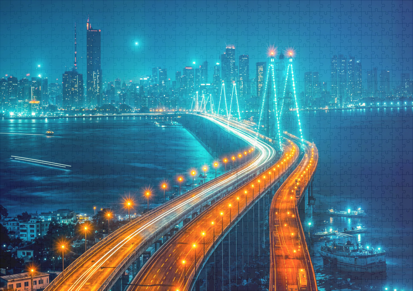 raxxa Premium-Puzzle: City at Night, Illuminated Bridge Over River – Bild 2