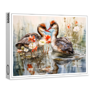 raxxa Premium-Puzzle: Two grebes among white pond plants