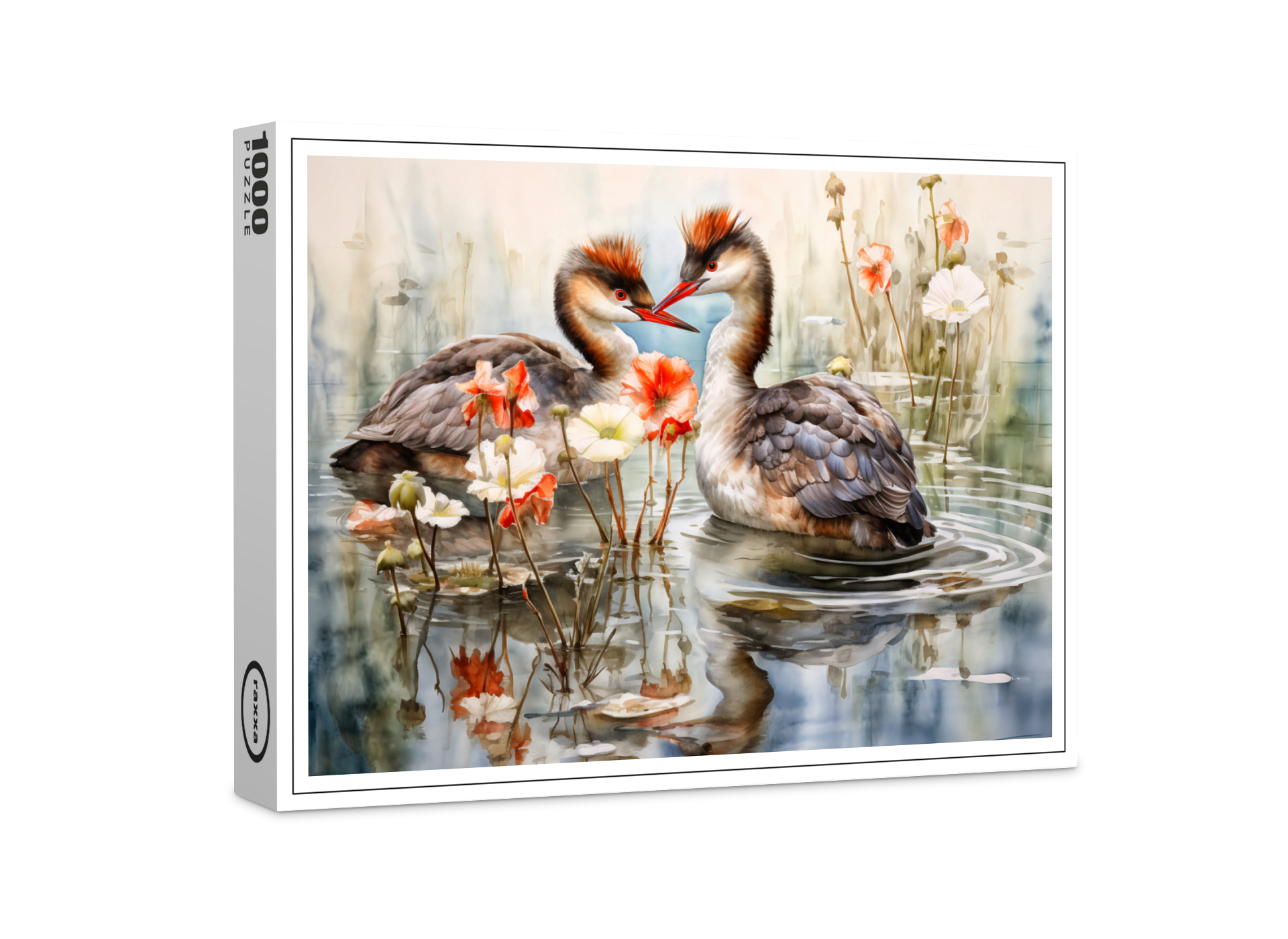 raxxa Premium-Puzzle: Two grebes among white pond plants