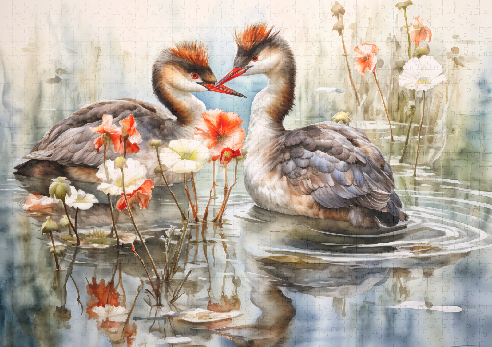 raxxa Premium-Puzzle: Two grebes among white pond plants – Bild 2