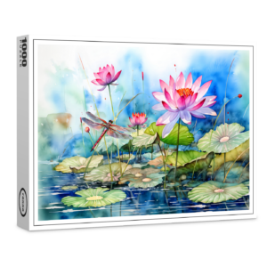 raxxa Premium-Puzzle: Dragonfly flying through pink water lilies