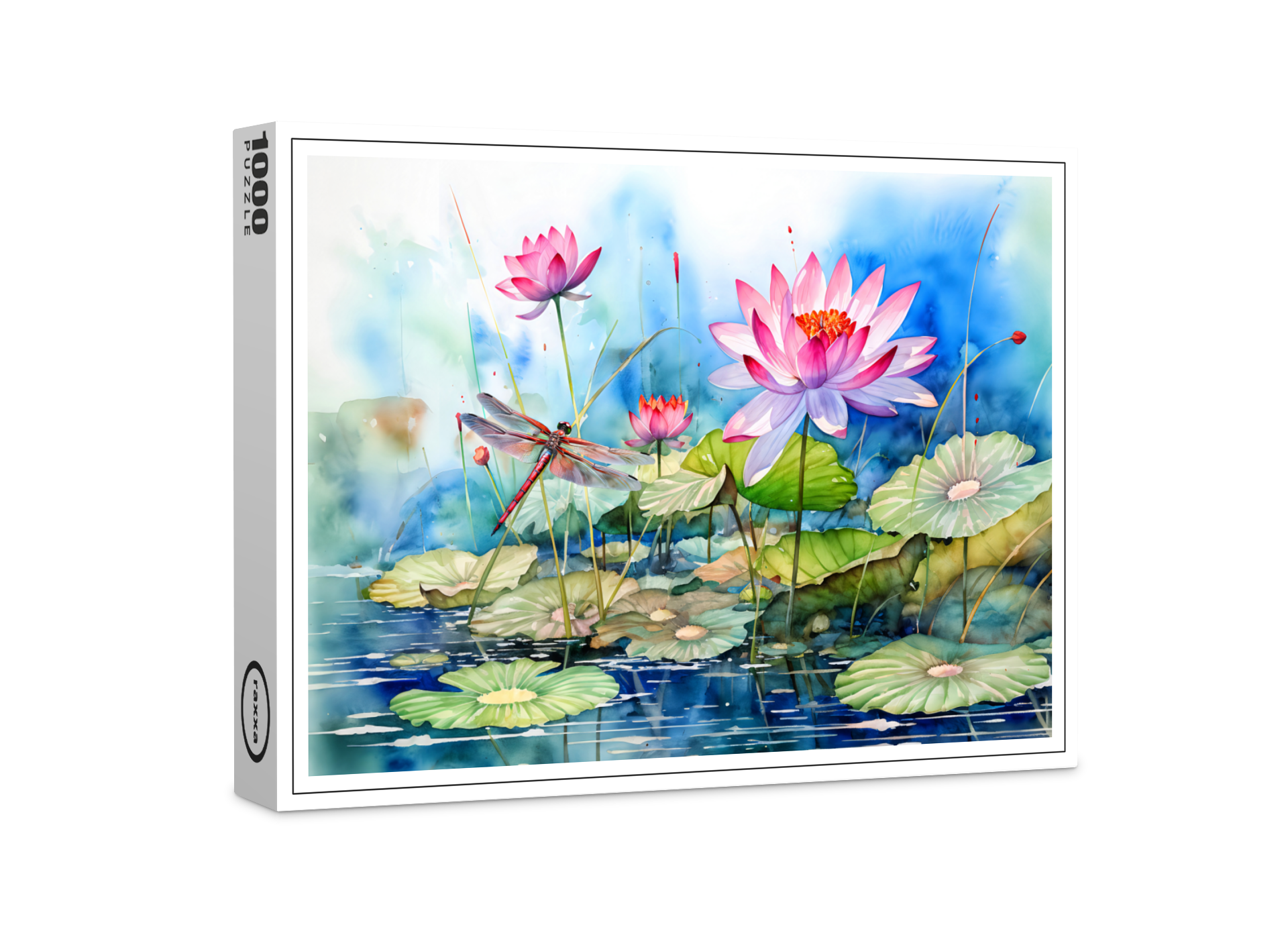 raxxa Premium-Puzzle: Dragonfly flying through pink water lilies