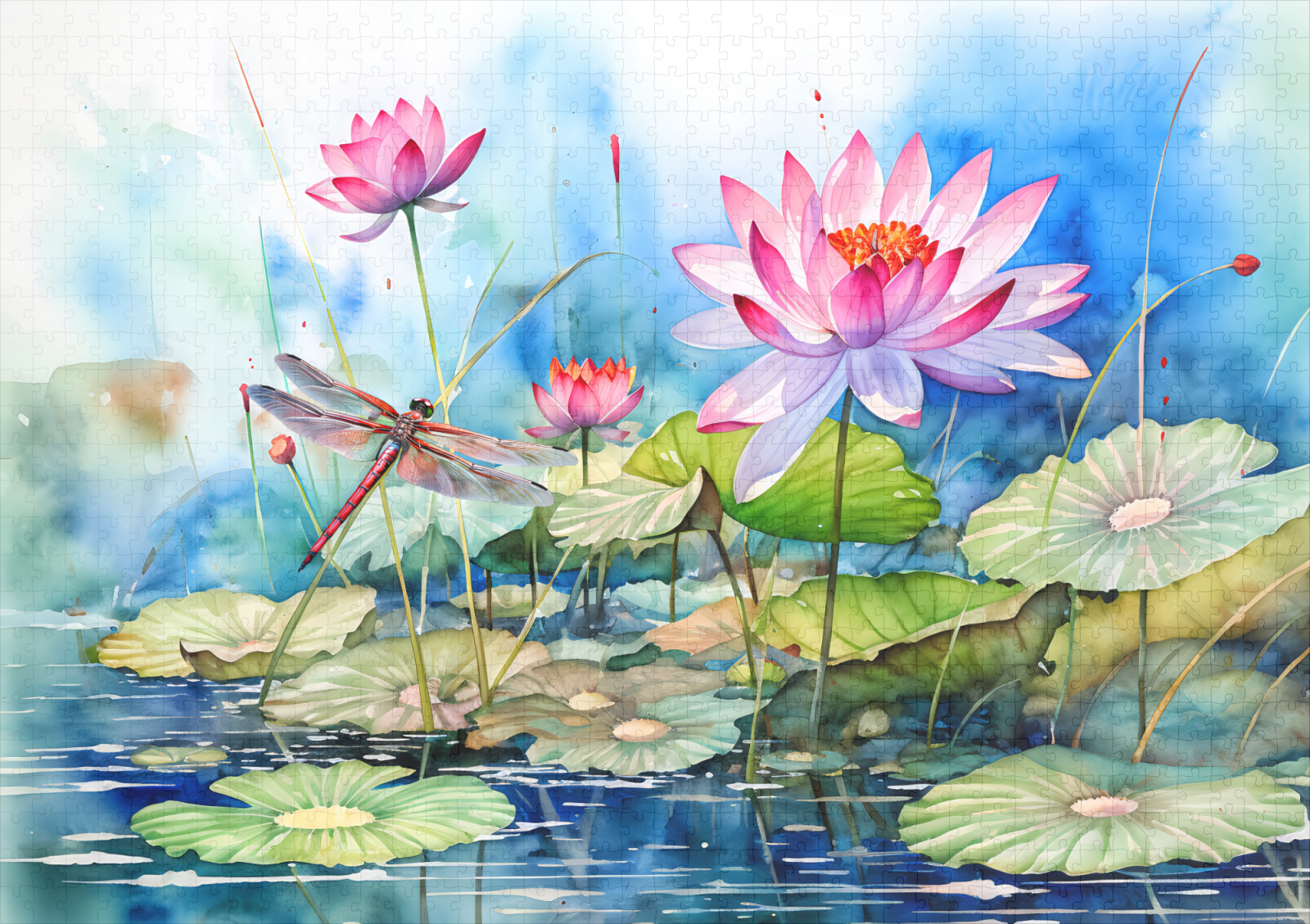 raxxa Premium-Puzzle: Dragonfly flying through pink water lilies – Bild 2