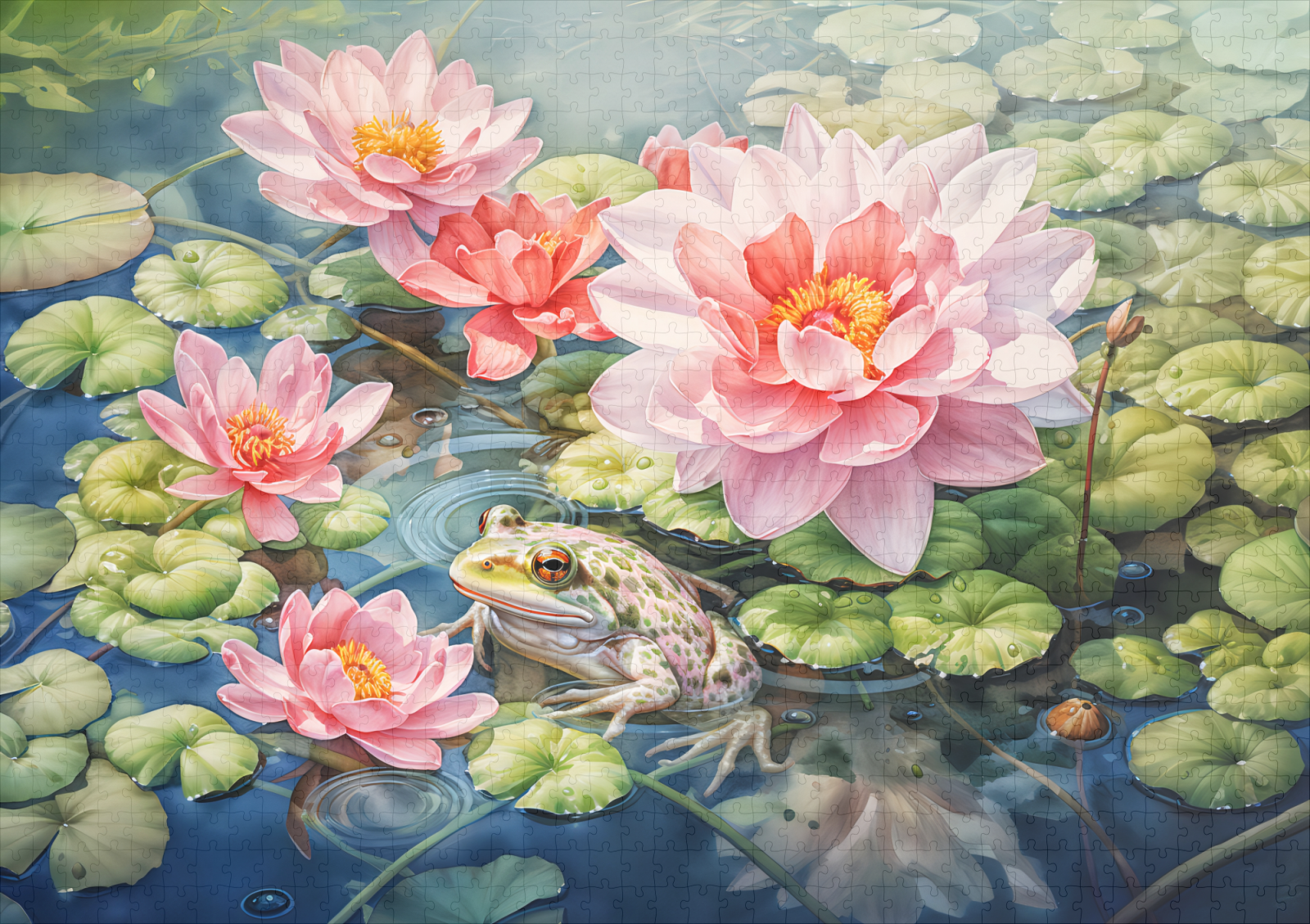 raxxa Premium-Puzzle: Frog sitting among blooming water lilies – Image 2