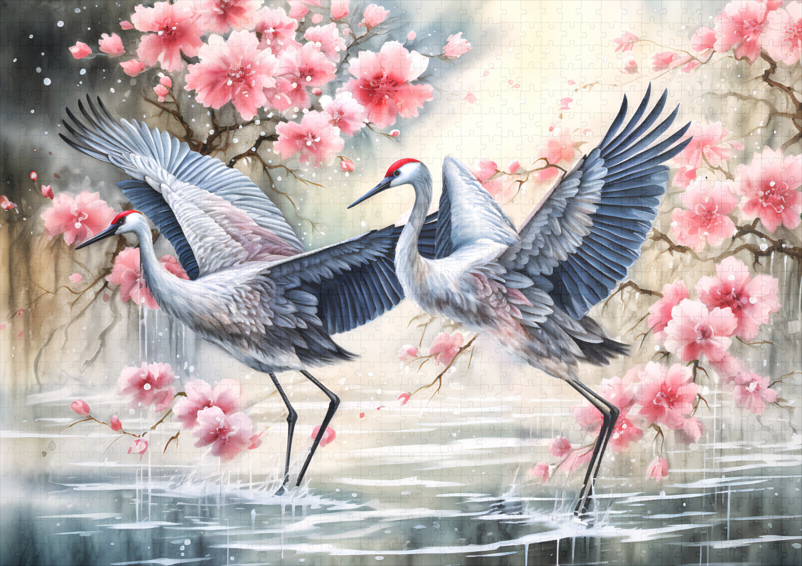 raxxa Premium-Puzzle: Cranes in water with floral reflections - immagine 2