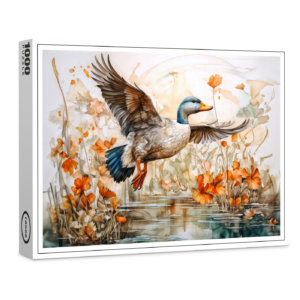 raxxa Premium-Puzzle: Mallard flying above pond with flowers