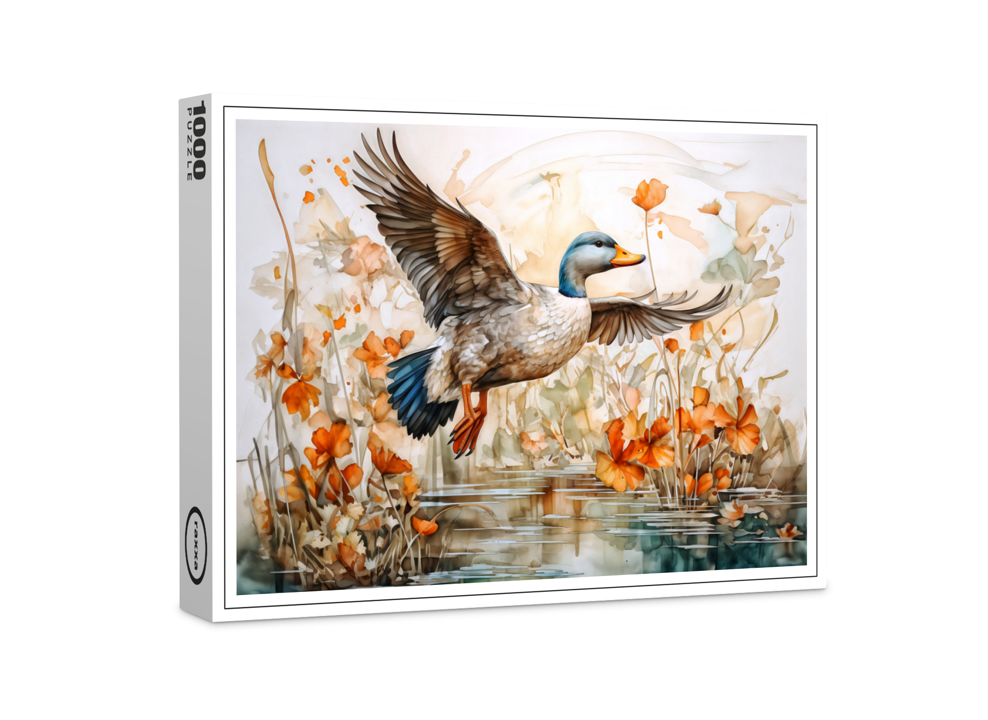 raxxa Premium-Puzzle: Mallard flying above pond with flowers
