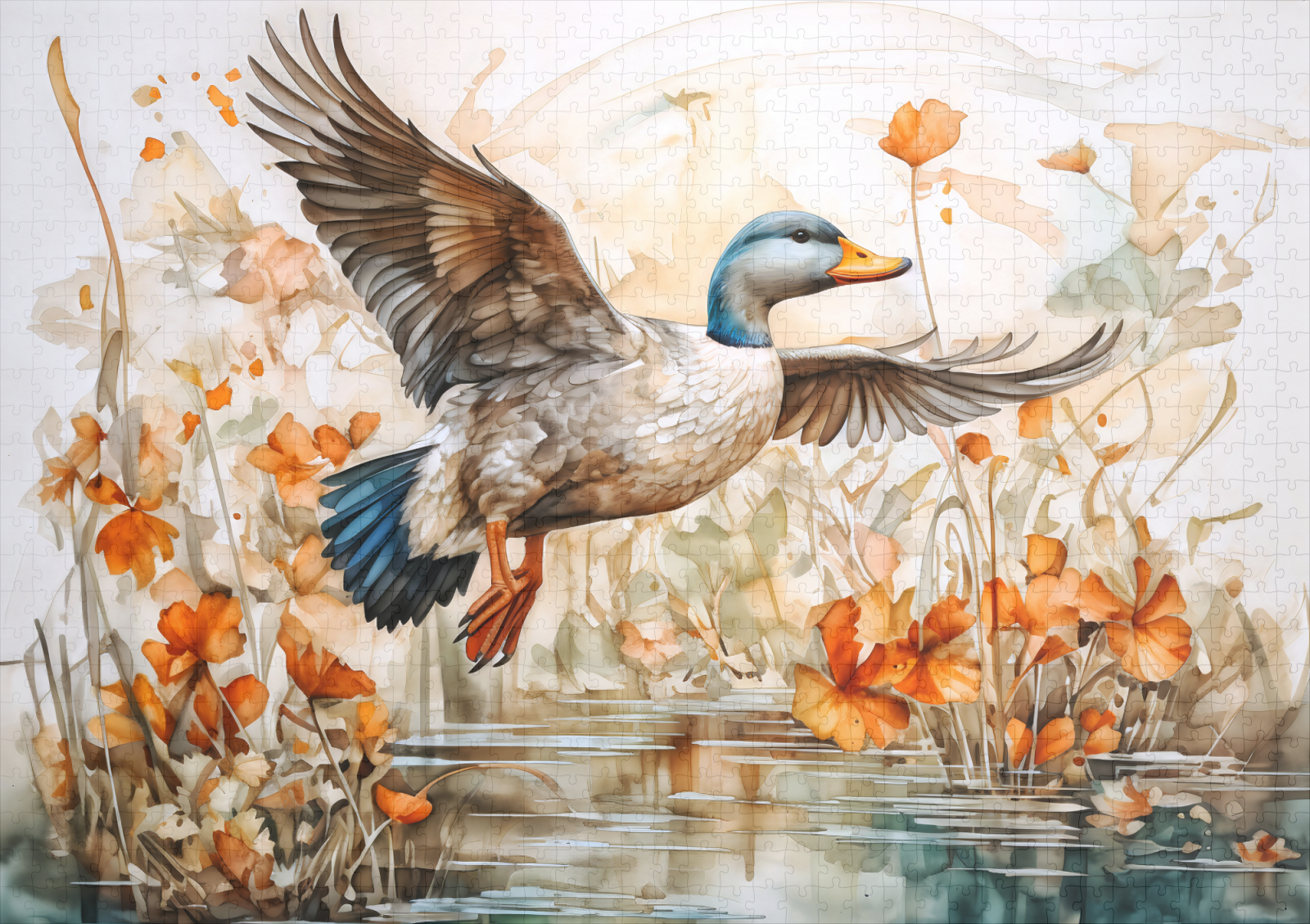 raxxa Premium-Puzzle: Mallard flying above pond with flowers - immagine 2