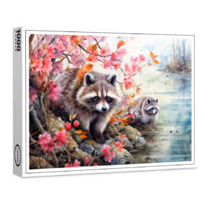 raxxa Premium-Puzzle: Raccoons  near autumn pond scene
