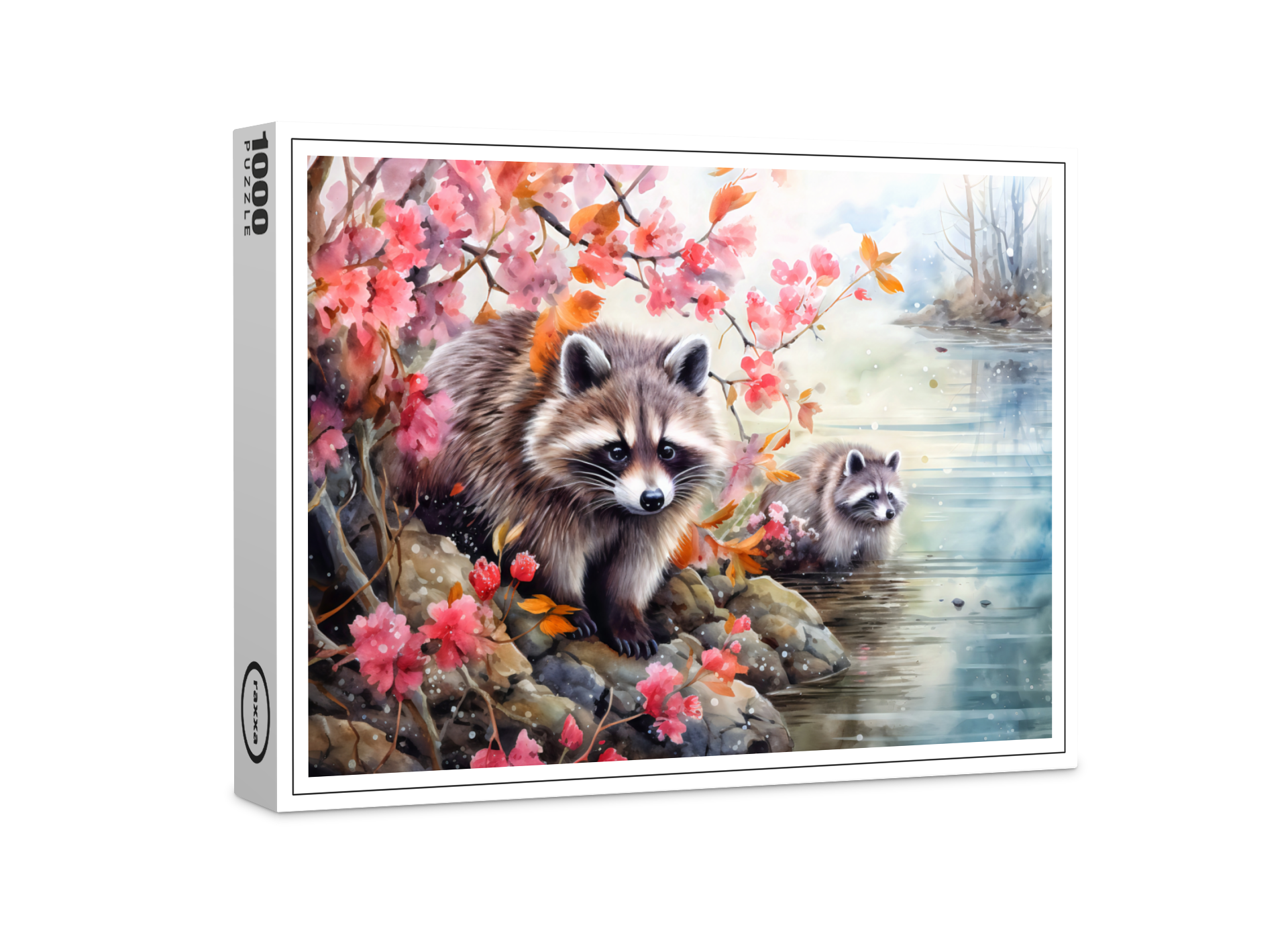 raxxa Premium-Puzzle: Raccoons near autumn pond scene