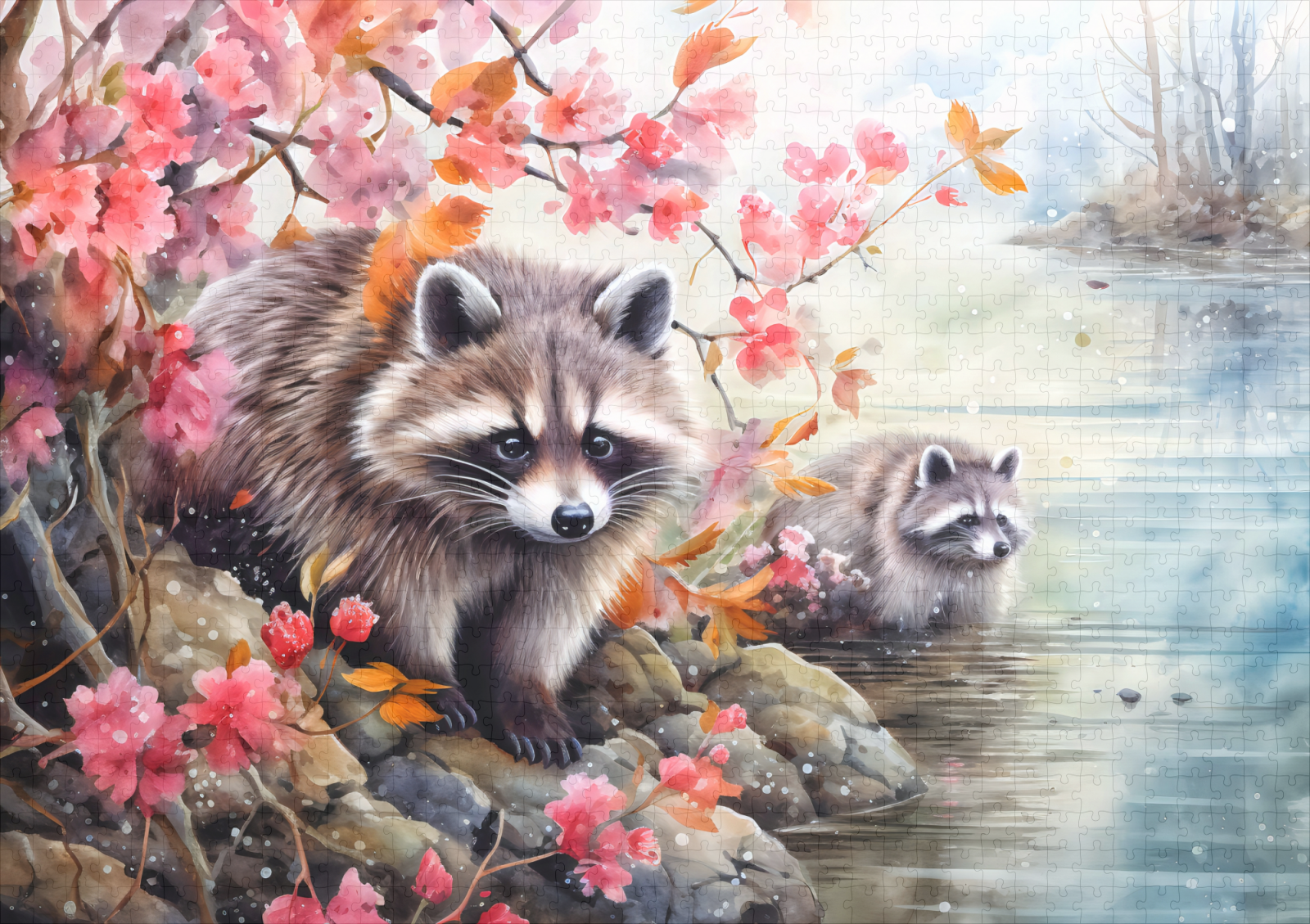 raxxa Premium-Puzzle: Raccoons near autumn pond scene – Image 2