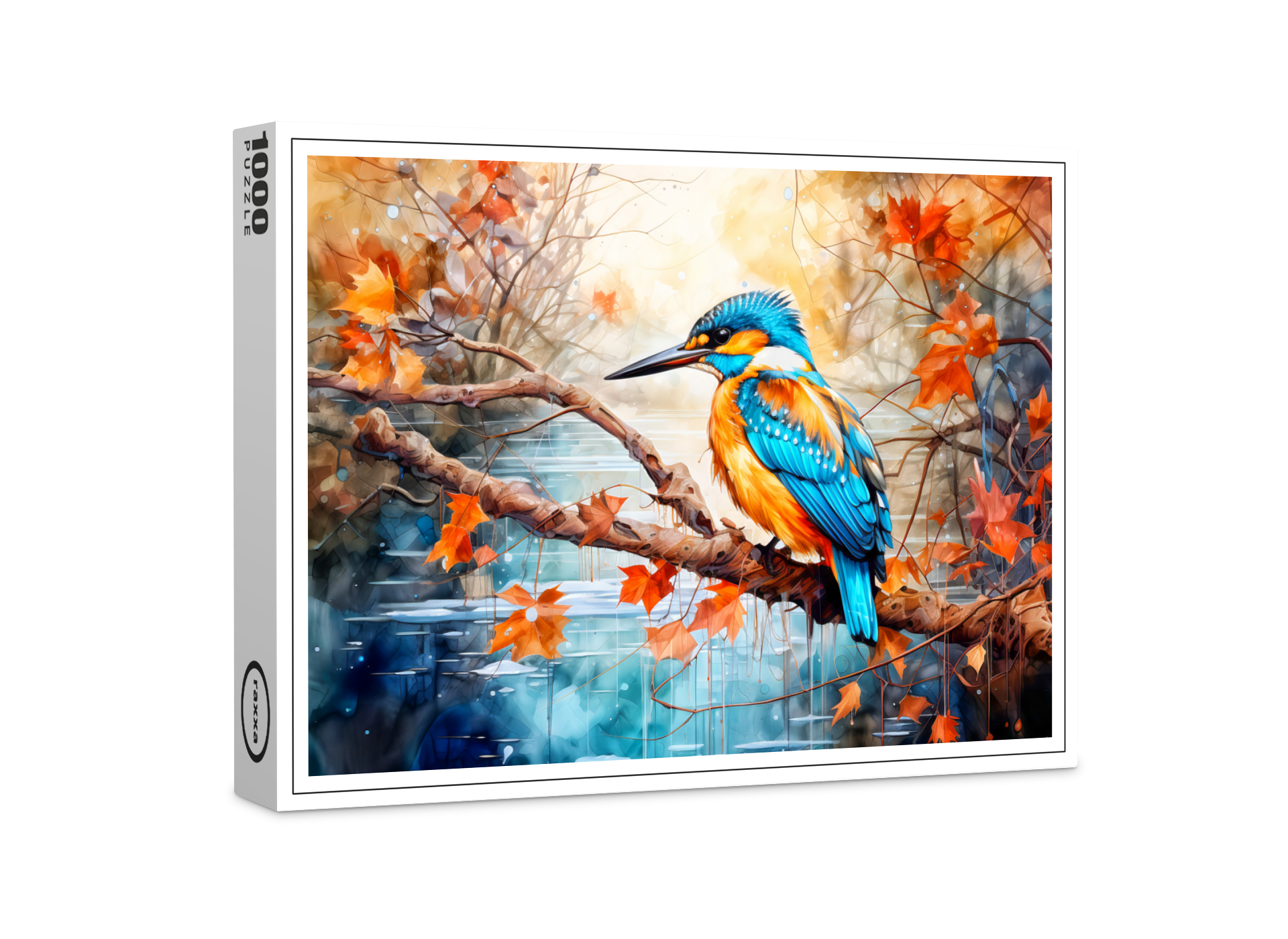 raxxa Premium-Puzzle: Kingfisher above pond in painterly style