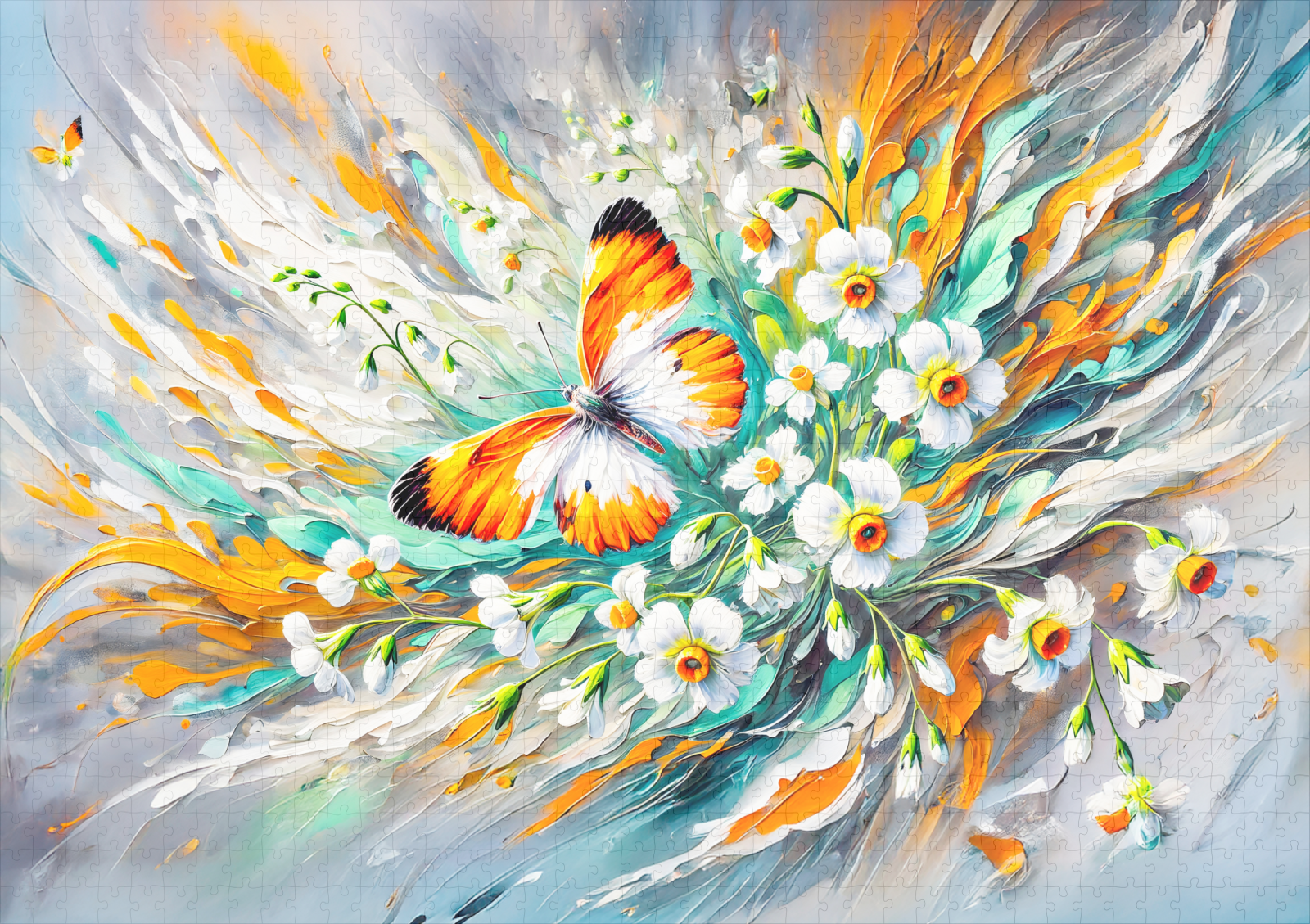 raxxa Premium-Puzzle: Orange Tip Butterfly with Daffodils in Oil Painting – Bild 2