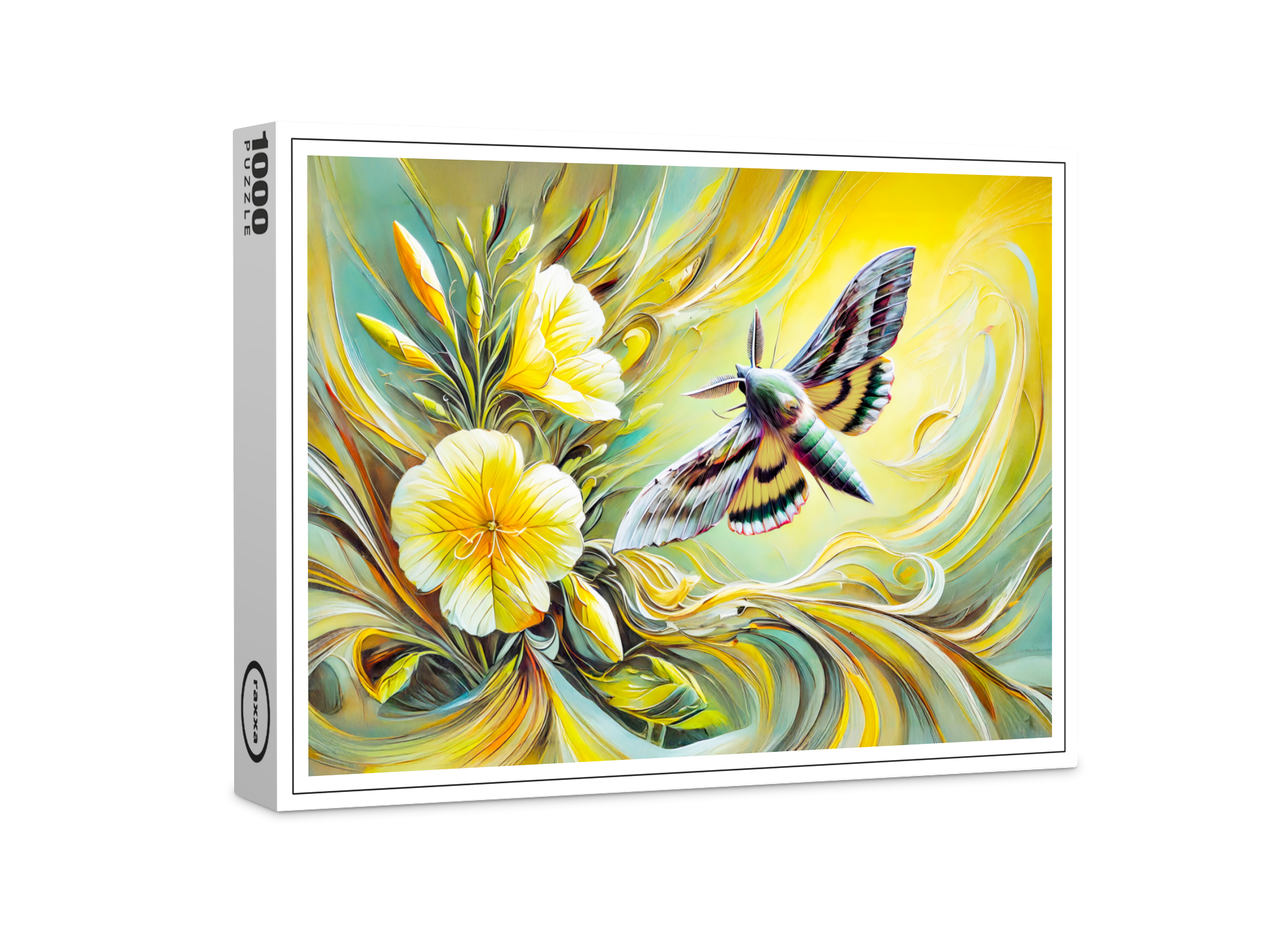 raxxa Premium-Puzzle: Silver Y Moth with Evening Primrose in Oil Painting