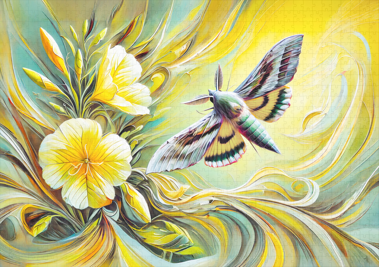 raxxa Premium-Puzzle: Silver Y Moth with Evening Primrose in Oil Painting – Bild 2
