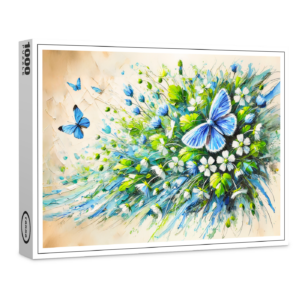 raxxa Premium-Puzzle: Blue Butterfly with Forget-Me-Not Flowers in Oil Painting
