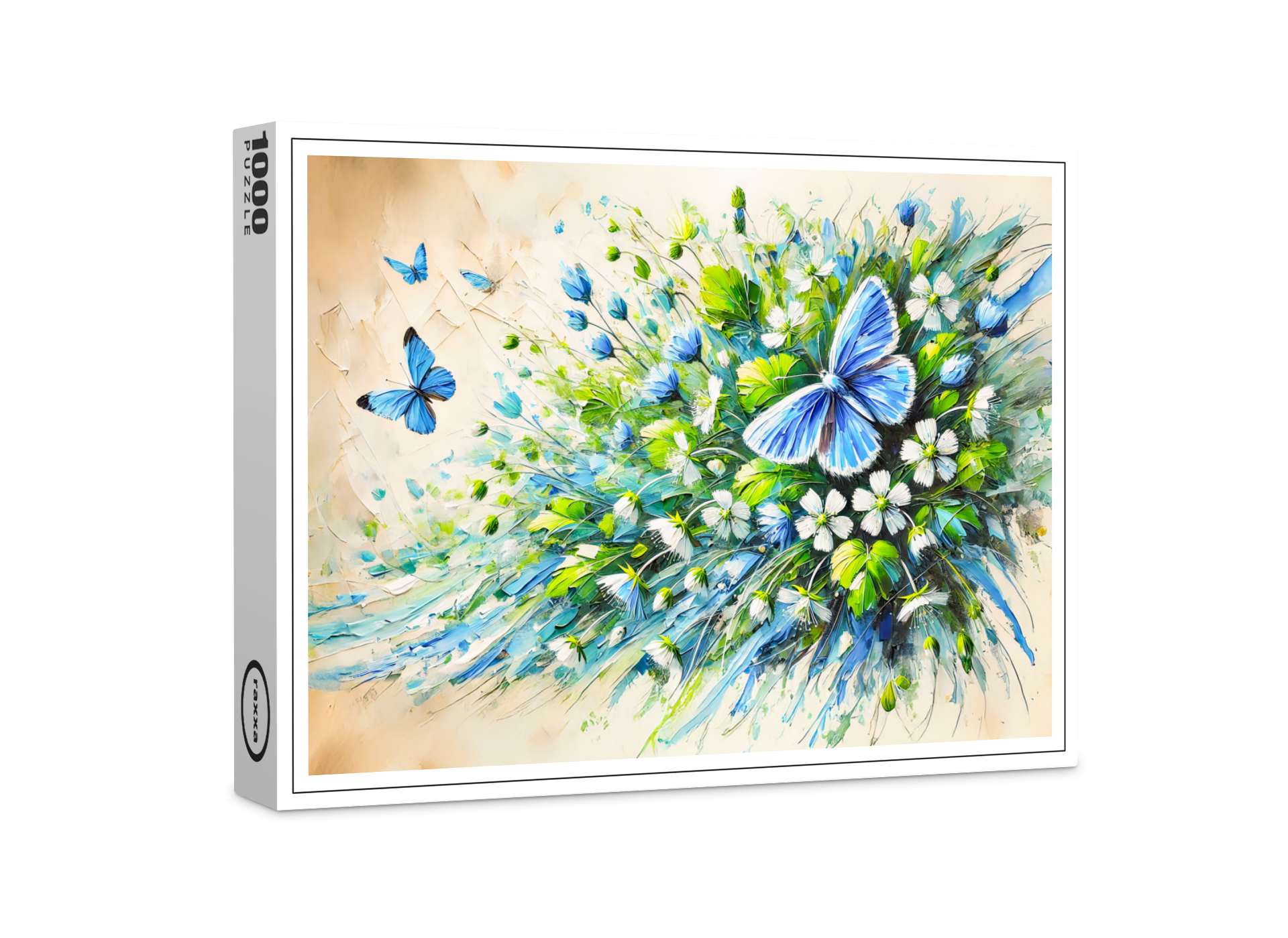 raxxa Premium-Puzzle: Blue Butterfly with Forget-Me-Not Flowers in Oil Painting
