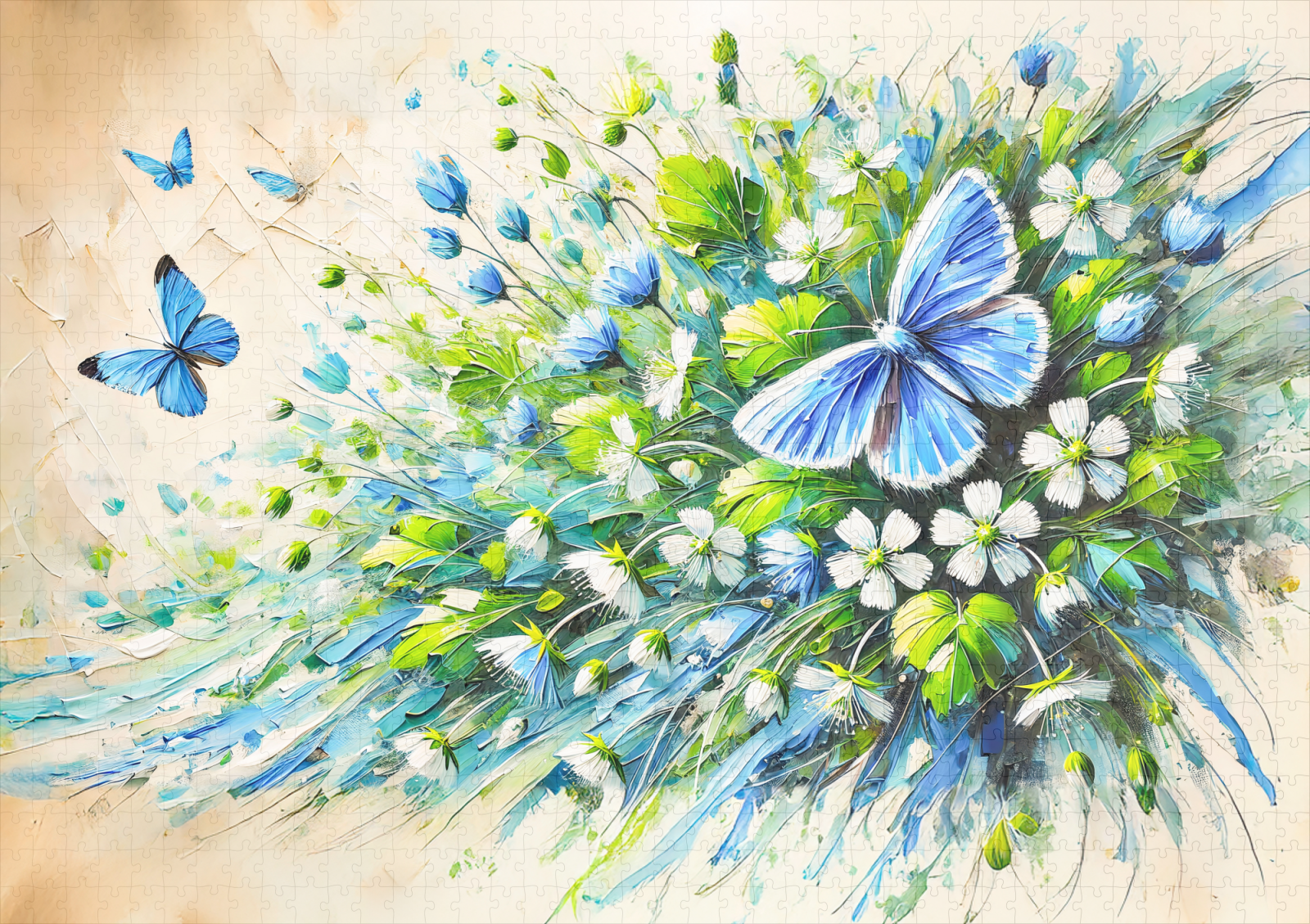 raxxa Premium-Puzzle: Blue Butterfly with Forget-Me-Not Flowers in Oil Painting - immagine 2