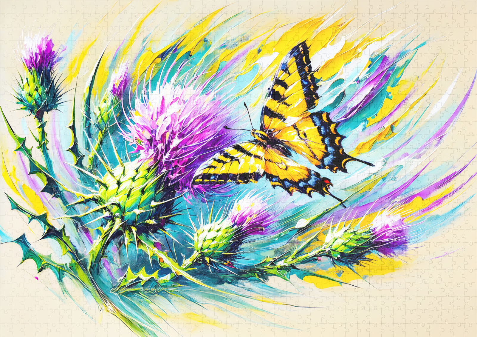 raxxa Premium-Puzzle: Swallowtail Butterfly with Thistles in Oil Painting – Image 2