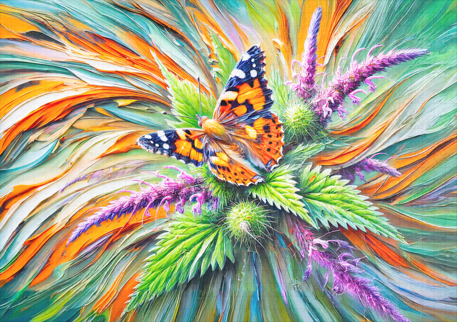 raxxa Premium-Puzzle: Painted Lady Butterfly on Nettles in Oil Painting - immagine 2
