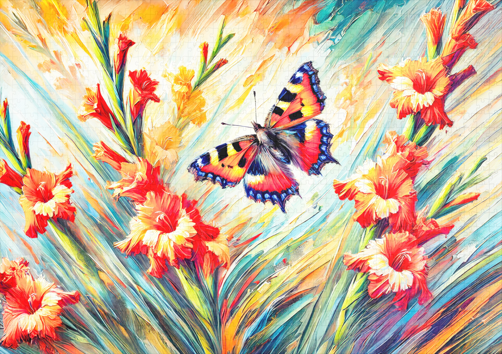 raxxa Premium-Puzzle: Small Tortoiseshell Butterfly with Gladiolus in Oil Painting – Bild 2