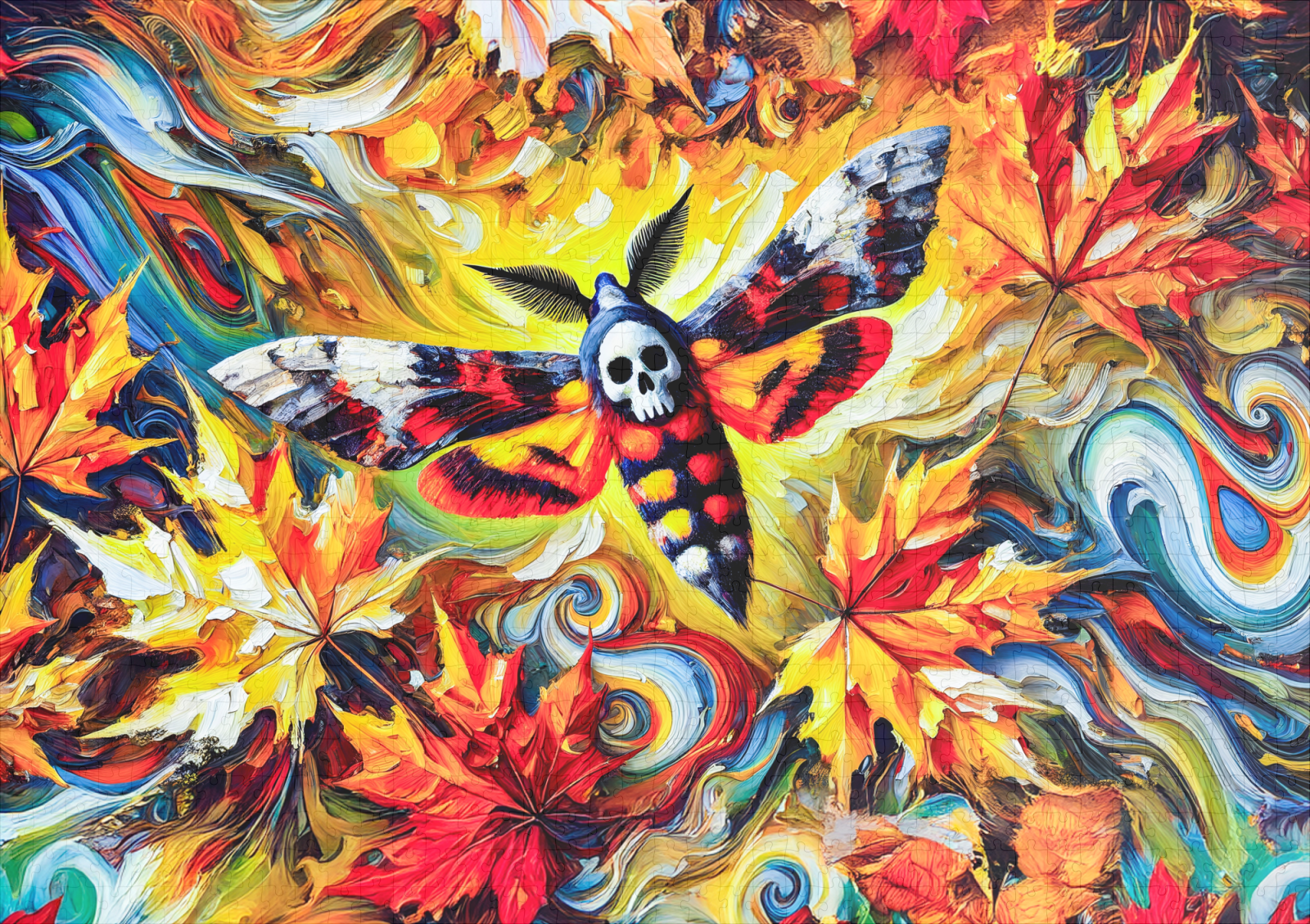 raxxa Premium-Puzzle: Deaths-head Hawk-Moth with Autumn Leaves in Oil Painting – Bild 2