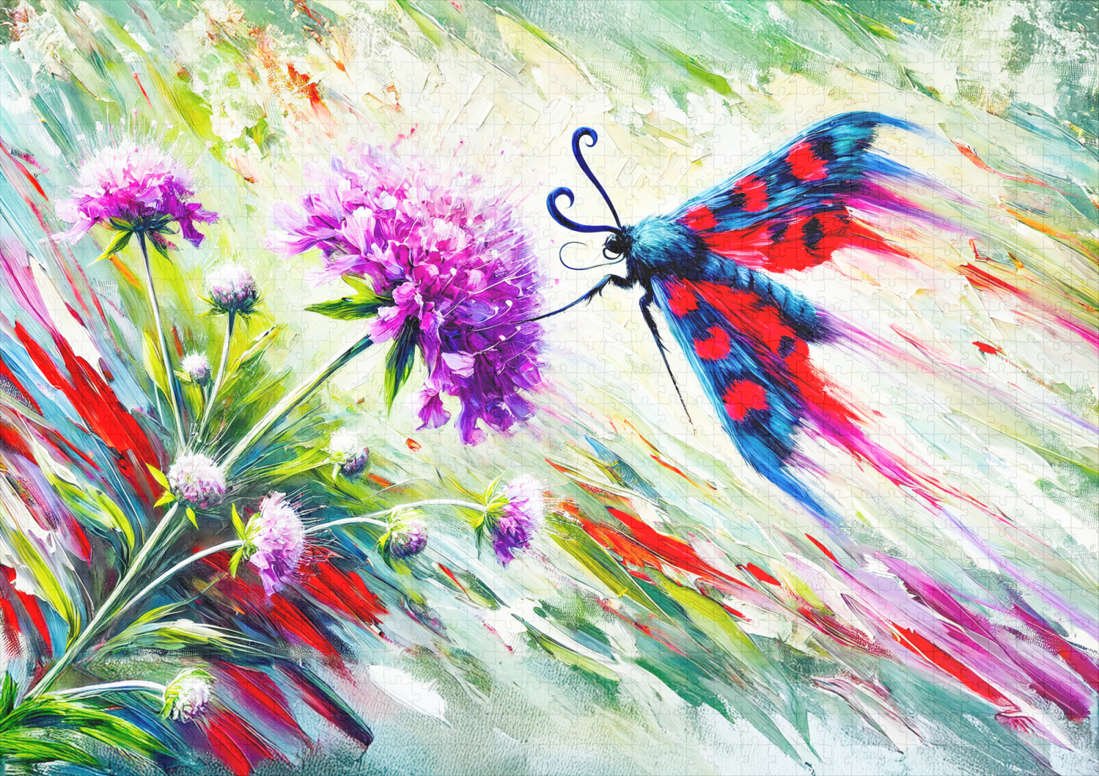 raxxa Premium-Puzzle: Six-Spot Burnet Moth on Scabious in Oil Painting - immagine 2