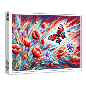 raxxa Premium-Puzzle: Peacock Butterfly with Poppies and Cornflowers in Oil Painting