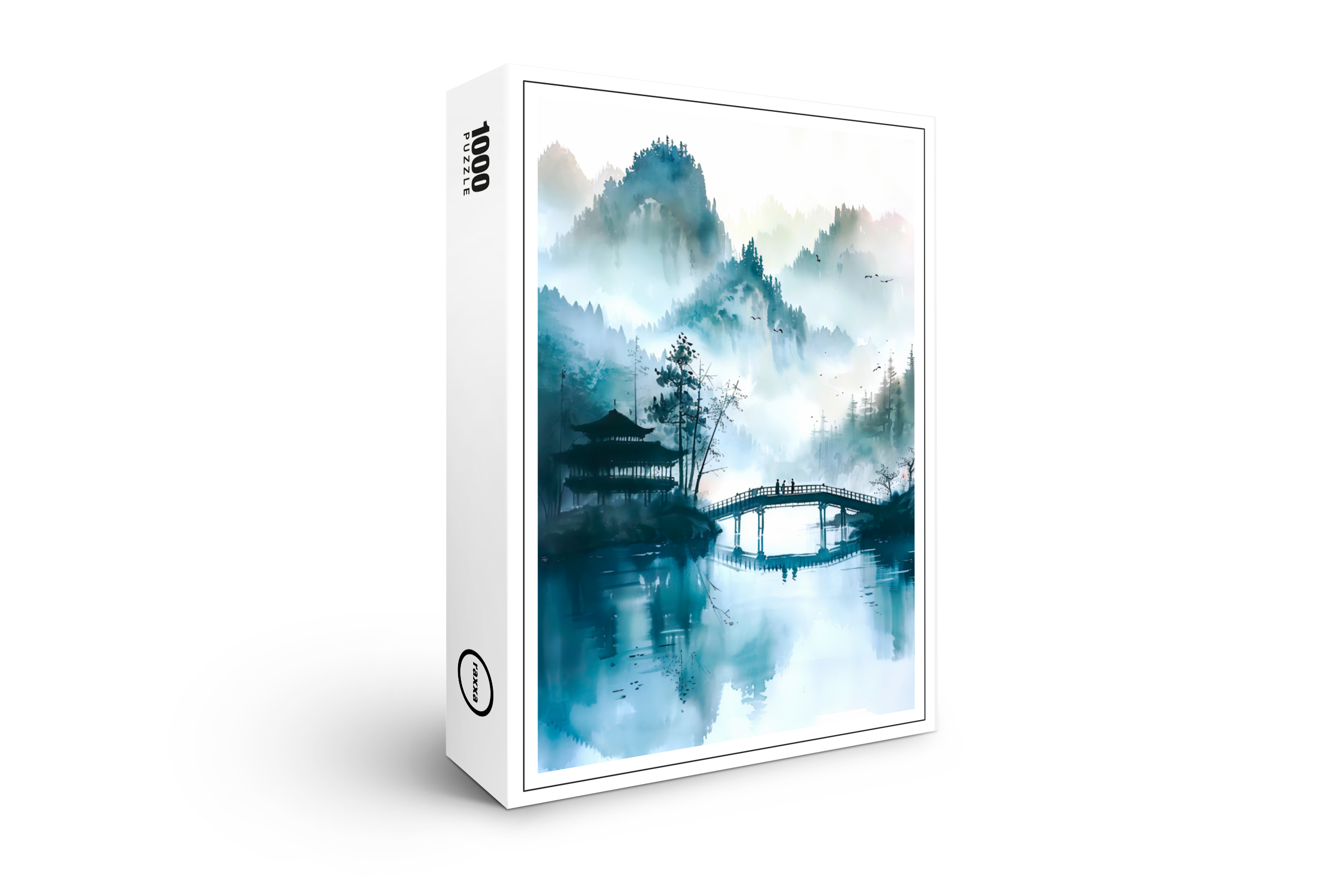 raxxa Premium-Puzzle: Mountain Landscape In China With Temple And Bridge In Blue‑Green Tones