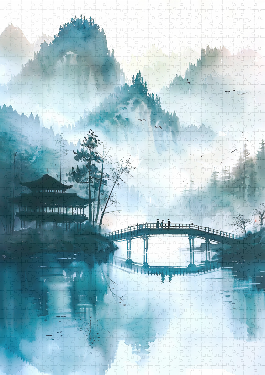 raxxa Premium-Puzzle: Mountain Landscape In China With Temple And Bridge In Blue‑Green Tones – Image 2