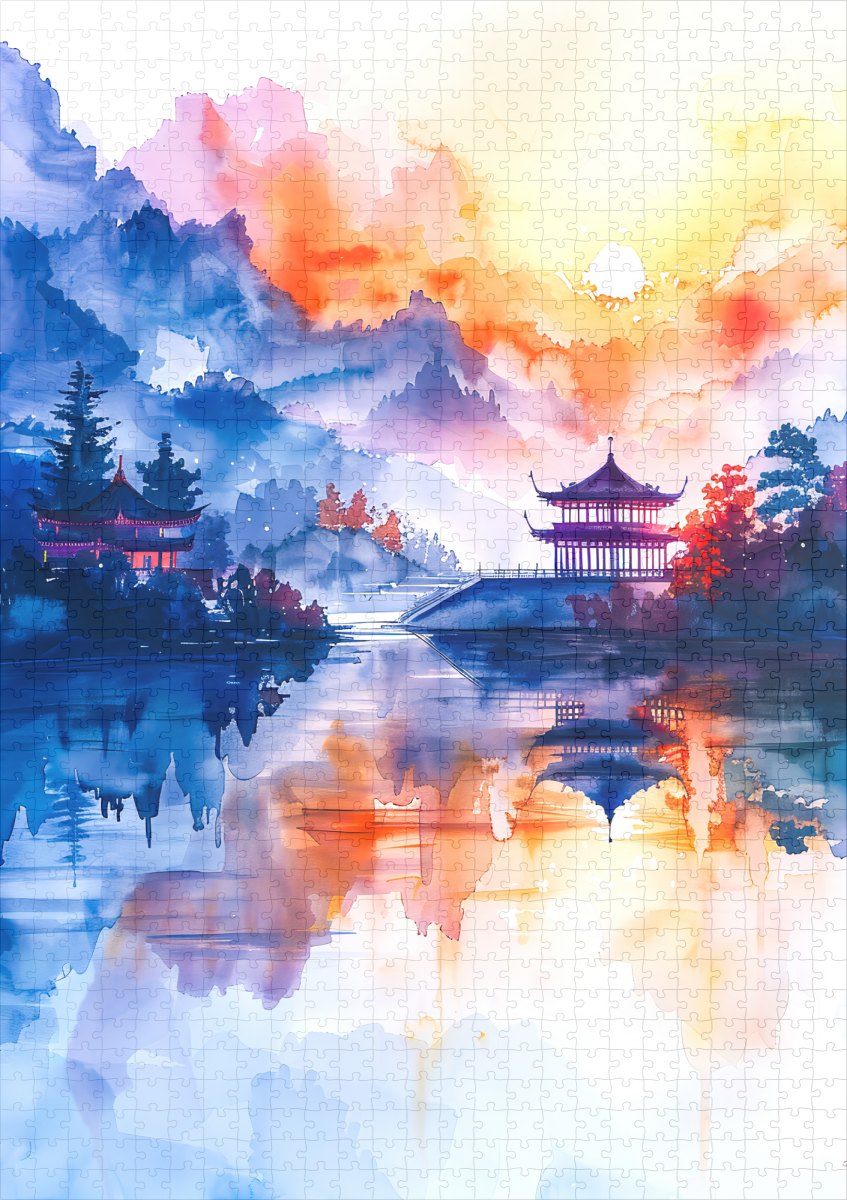 raxxa Premium-Puzzle: Mountain Landscape In China With Temple In Blue, Yellow And Red Tones – Bild 2