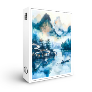 raxxa Premium-Puzzle: Mountain Landscape With Lakeside Village And Fisher Boat In Blue‑Orange Palette