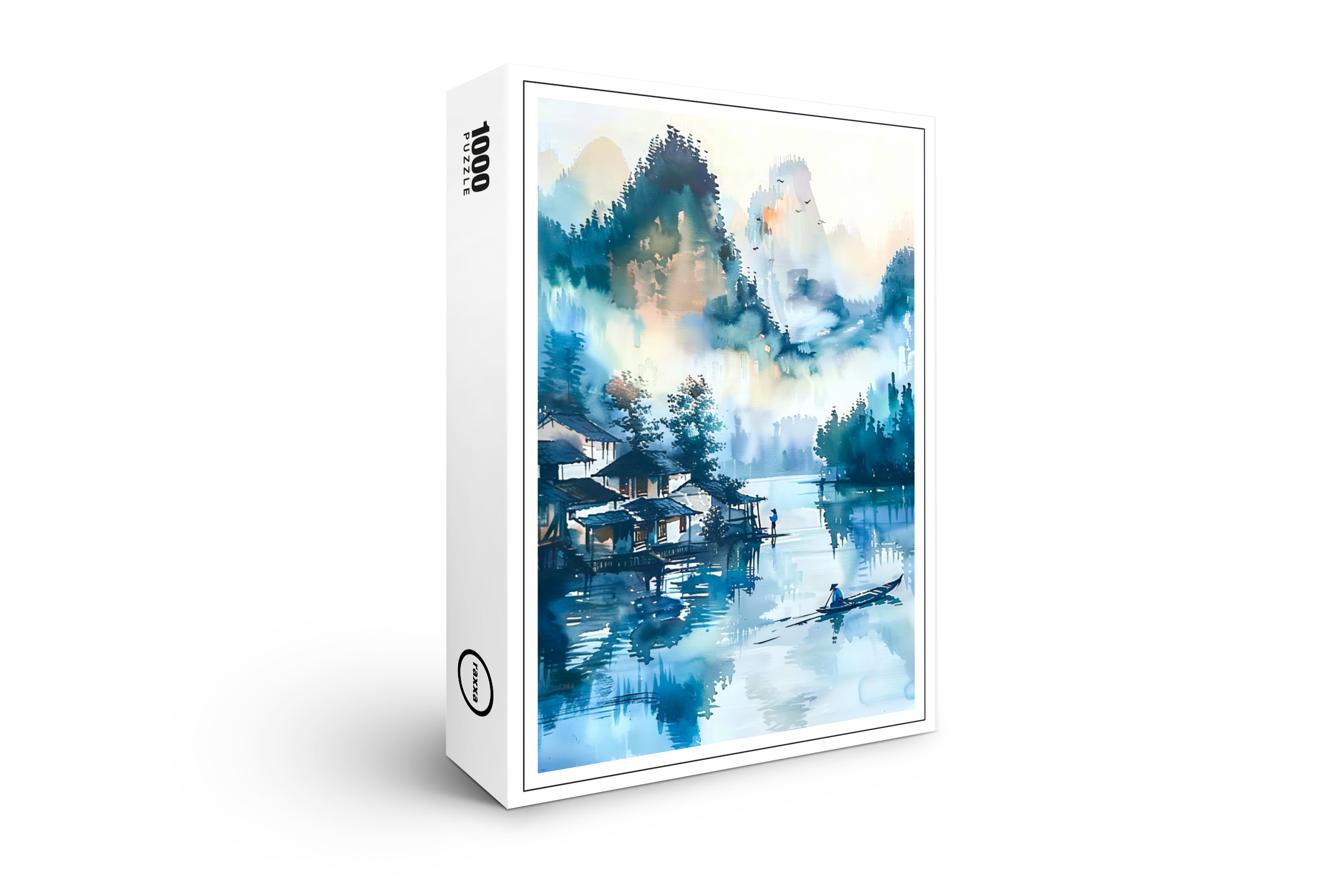 raxxa Premium-Puzzle: Mountain Landscape With Lakeside Village And Fisher Boat In Blue‑Orange Palette