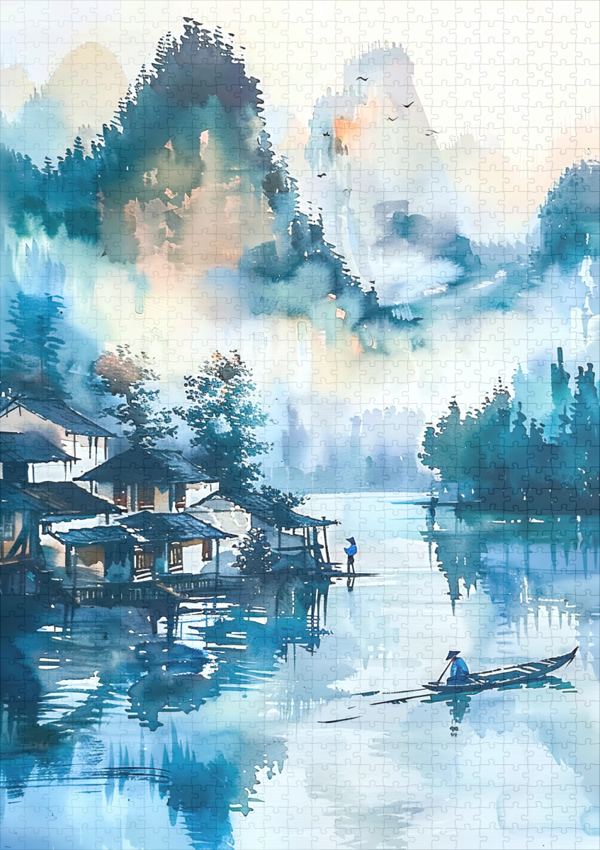 raxxa Premium-Puzzle: Mountain Landscape With Lakeside Village And Fisher Boat In Blue‑Orange Palette – Bild 2