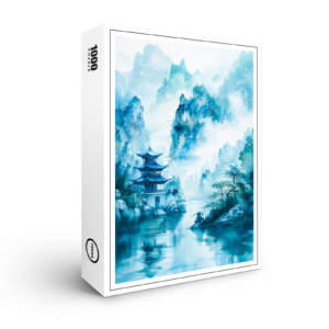 raxxa Premium-Puzzle: Pagoda At Riverbank In Chinese Mountains With Blue‑Turquoise Palette