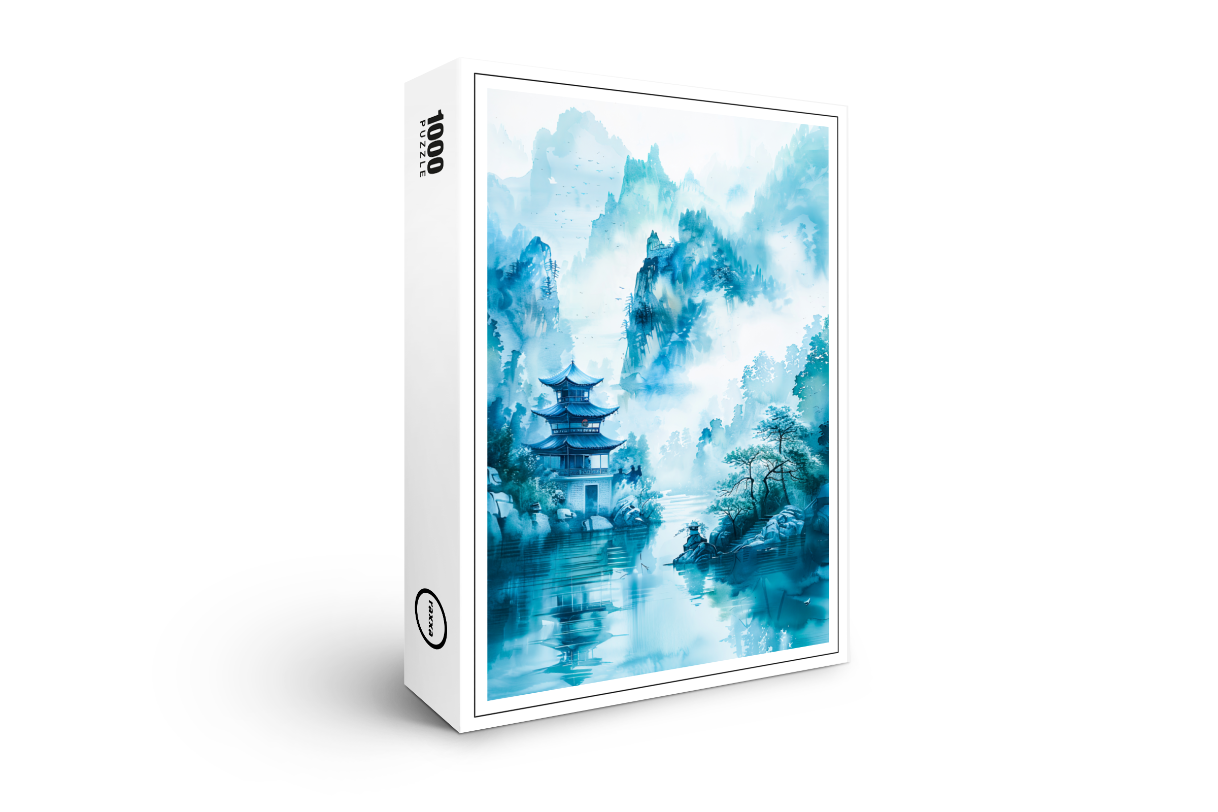 raxxa Premium-Puzzle: Pagoda At Riverbank In Chinese Mountains With Blue‑Turquoise Palette