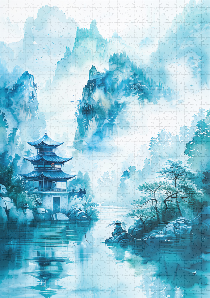 raxxa Premium-Puzzle: Pagoda At Riverbank In Chinese Mountains With Blue‑Turquoise Palette - immagine 2