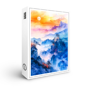 raxxa Premium-Puzzle: Mountain Landscape At Sunrise In Blue, Purple, Orange And Yellow Chinese Ink