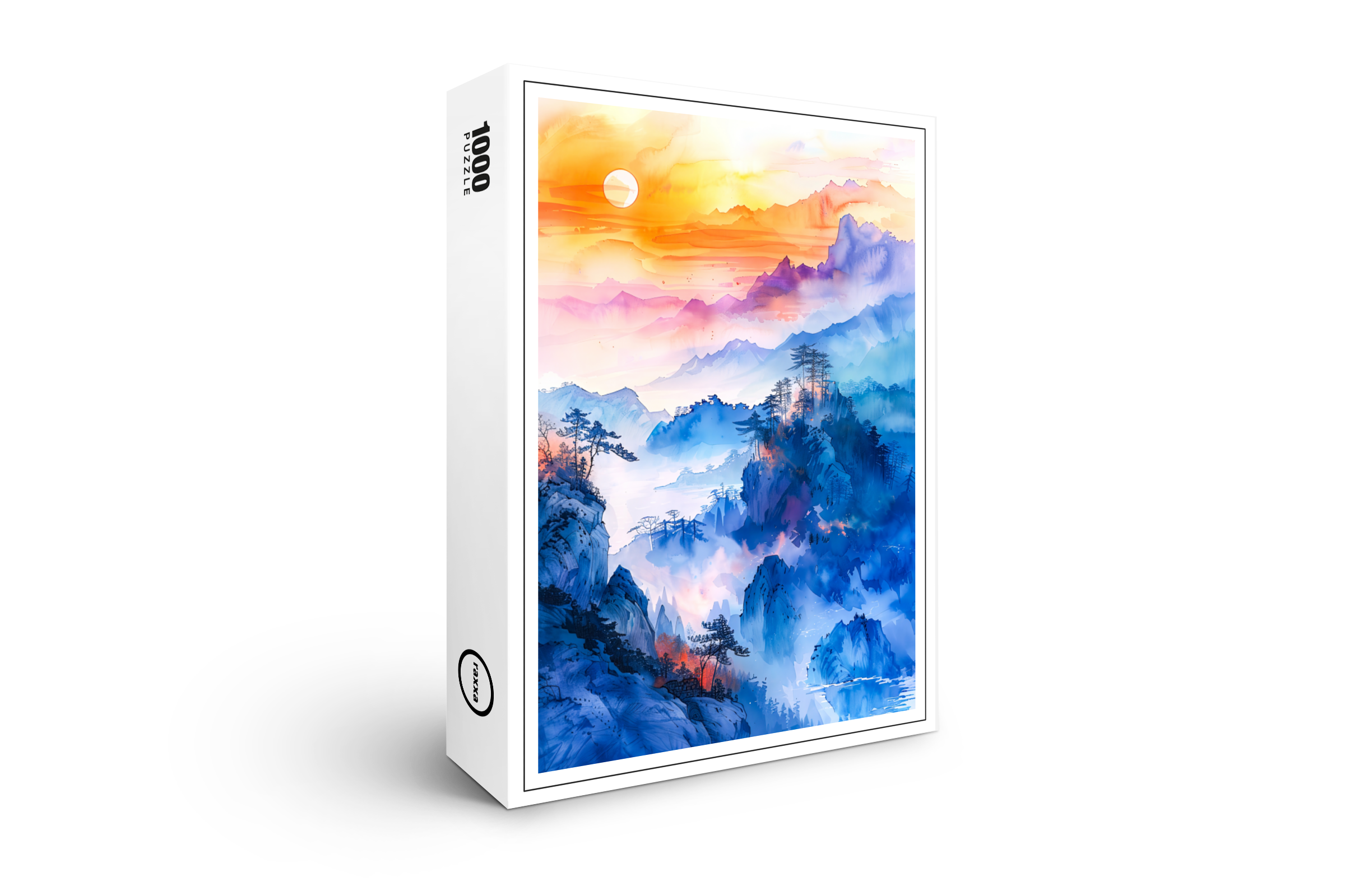 raxxa Premium-Puzzle: Mountain Landscape At Sunrise In Blue, Purple, Orange And Yellow Chinese Ink