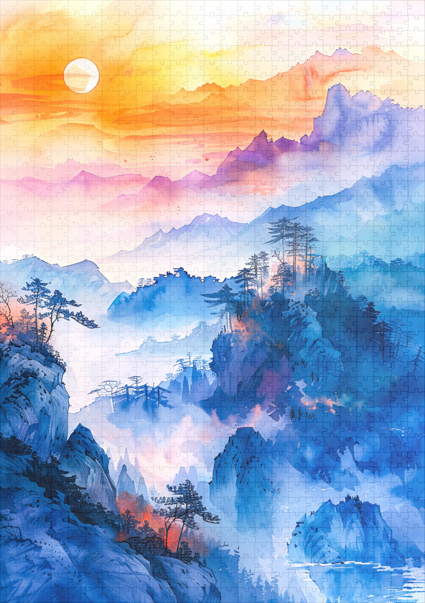 raxxa Premium-Puzzle: Mountain Landscape At Sunrise In Blue, Purple, Orange And Yellow Chinese Ink - immagine 2