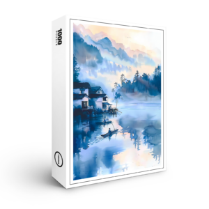 raxxa Premium-Puzzle: Lakeside Mountain Village With Quiet Fisher Boat In Blue‑Orange Chinese Ink