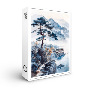 raxxa Premium-Puzzle: Pine At Lakeshore With Distant Temple And Mountain Silhouette In Chinese Ink