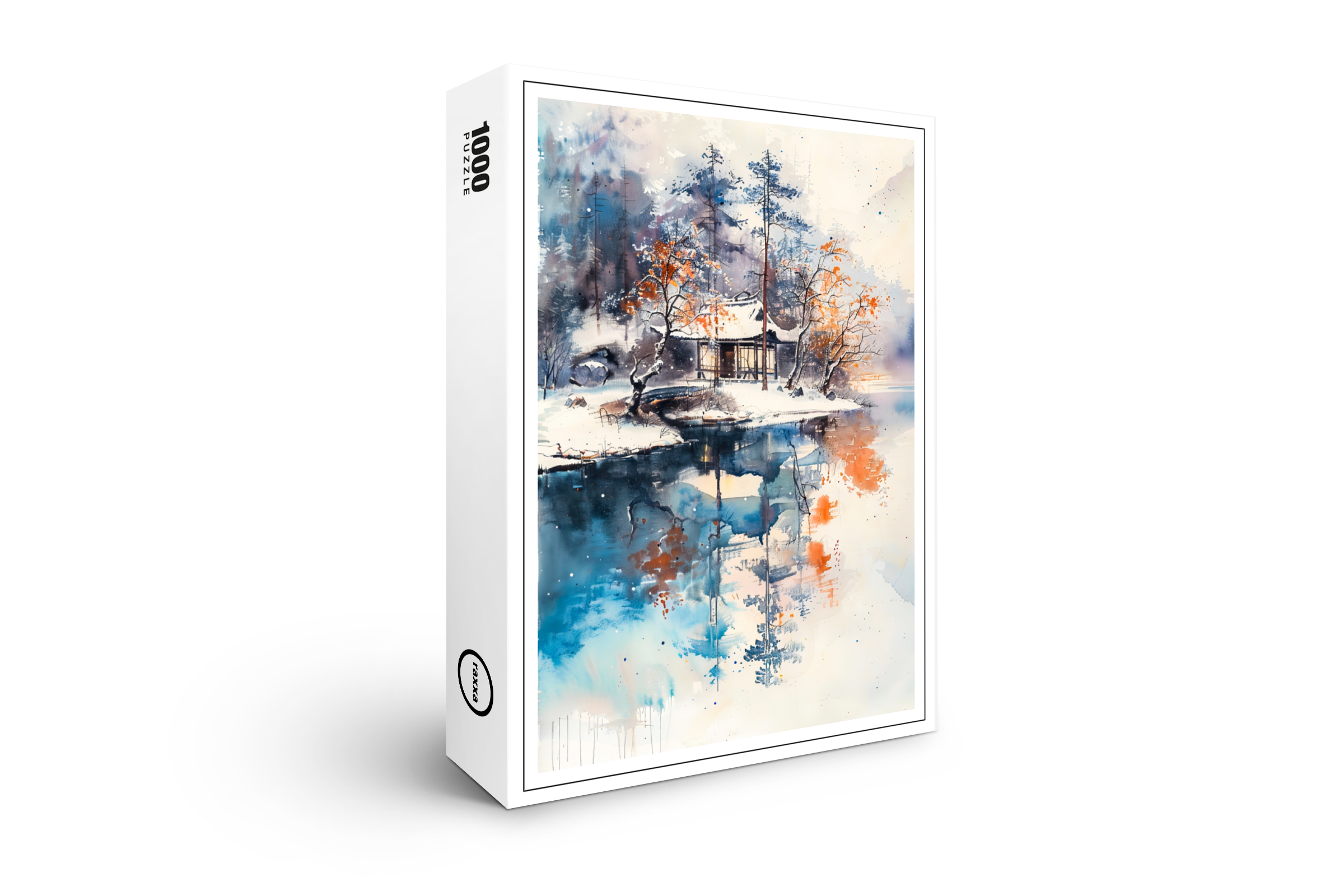 raxxa Premium-Puzzle: Temple At Autumn Lakeshore In Mountain Landscape With Chinese Ink Style